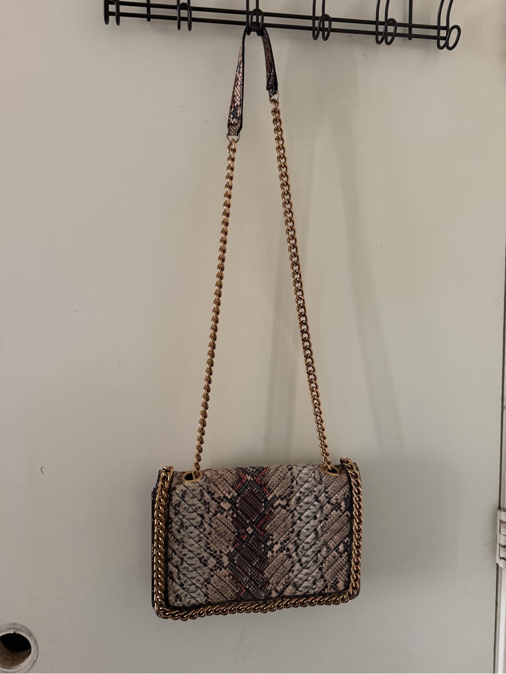 Aldo Snake-Print Shoulder Bag in Taupe and Cream with Gold Chain